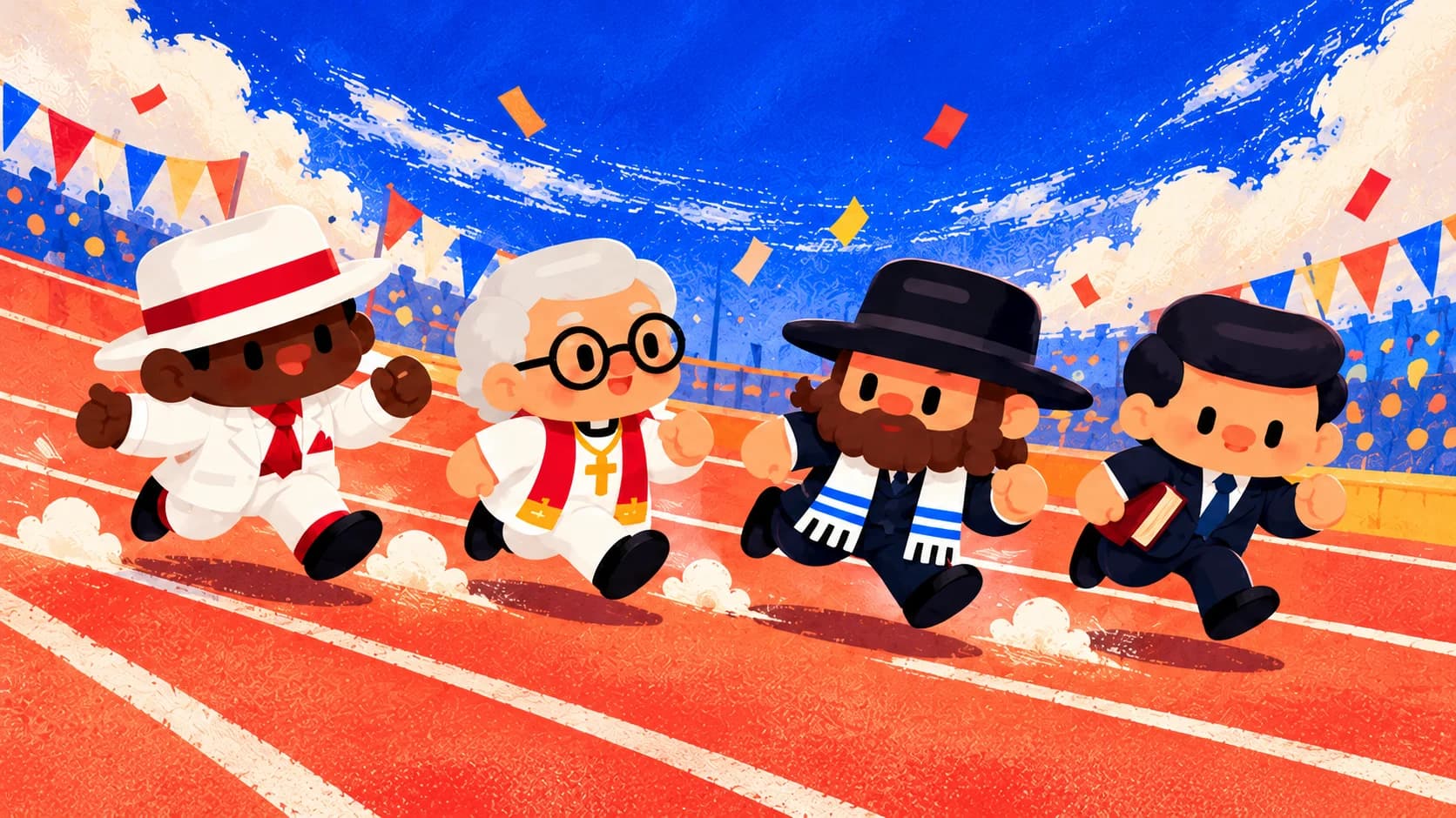 Personagens disputando uma corrida em uma pista colorida